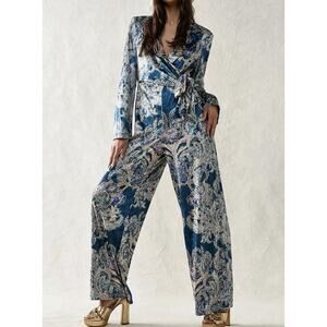 Free People Velvet Paisley Jumpsuit NWOT S Boho Luxe Wide Leg Wrap Tie Front